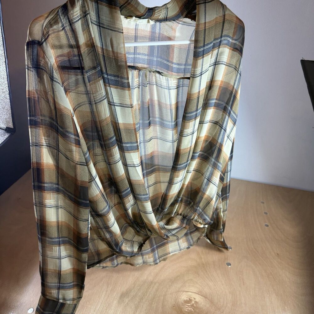 Sophie Rue Plaid Sheer Blouse Size M Beige Layer Cottage Core Long Sleeve
